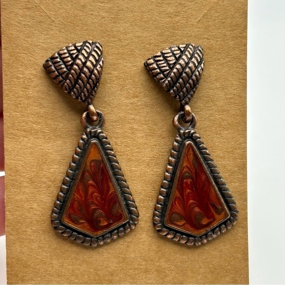 Bronze Triangle Shaped Stud Dangle Earrings with Orange and Red Marble Swirl - Picture 2 of 6